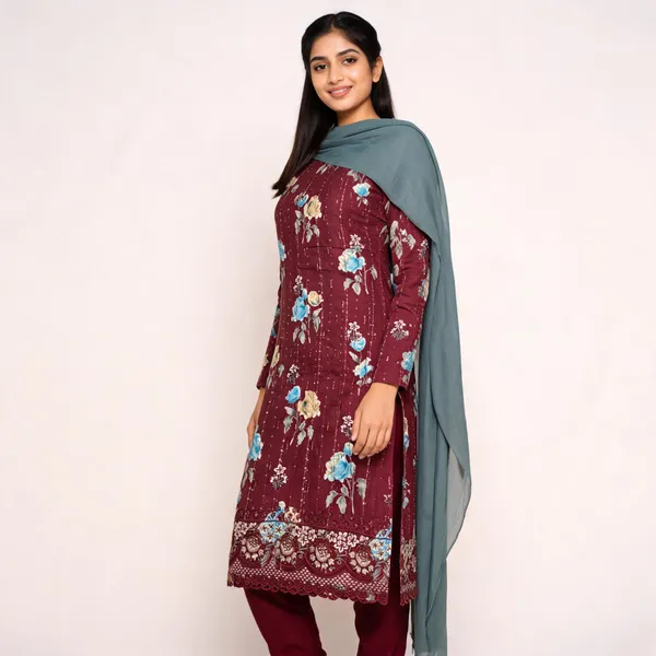 Maroon_Cotton_Floral_Print_Unstitched_Kurta_Set_For_Women