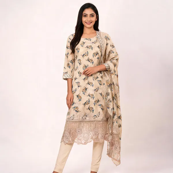 Cream_Cotton_Floral_Print_Unstitched_Kurta_Set_For_Women