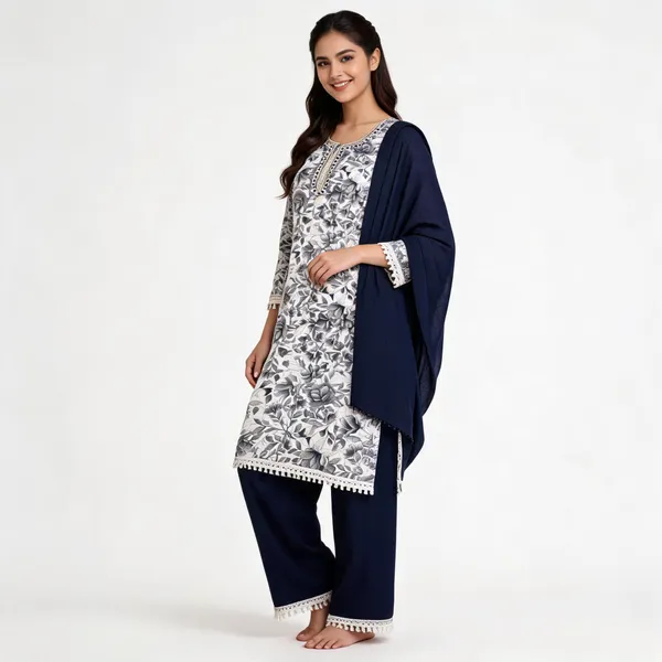 White_Cotton_Floral_Print_Unstitched_Kurta_Set_For_Women