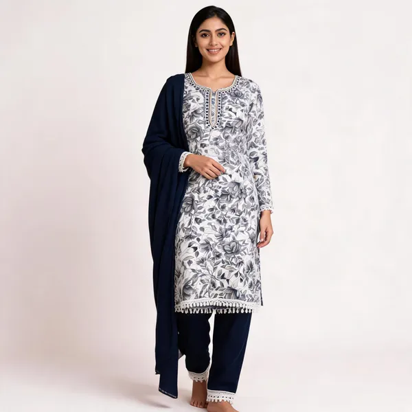 White_Cotton_Floral_Print_Unstitched_Kurta_Set_For_Women