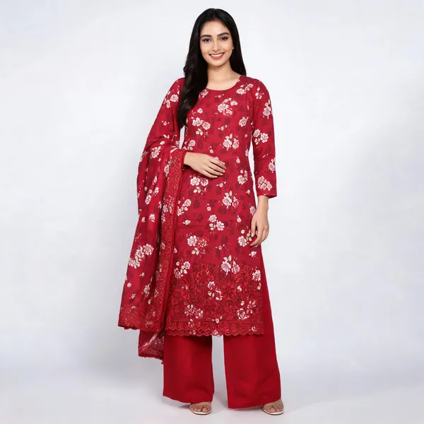 Red_Soft_Cotton_Floral_Embroidered_Unstitched_Kurta_Set_For_Women
