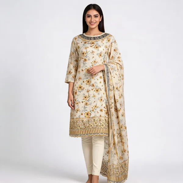 Cream_Cotton_Floral_Print_Unstitched_Kurta_Set_For_Women
