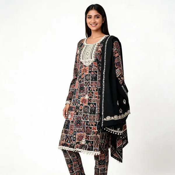 Black_Cotton_Printed_Unstitched_Kurta_Set_For_Women