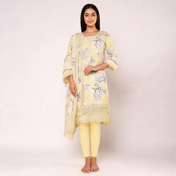 Pastel_Yellow_Cotton_Floral_Print_Unstitched_Kurta_Set_For_Women