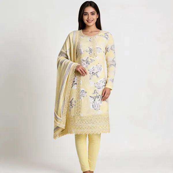 Pastel_Yellow_Cotton_Floral_Print_Unstitched_Kurta_Set_For_Women