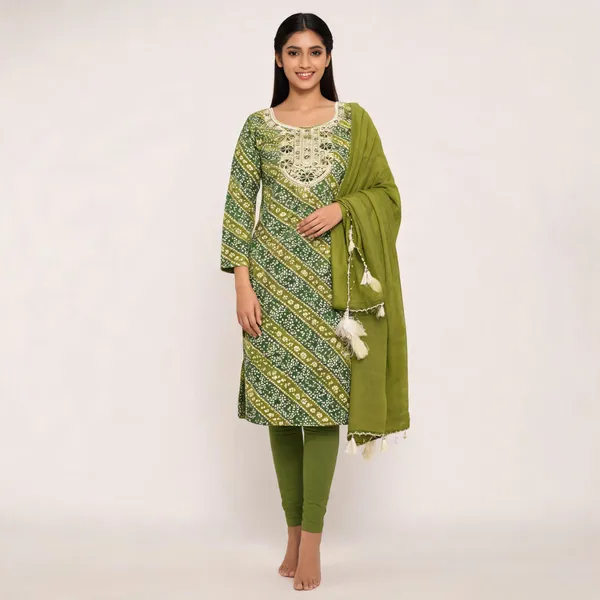 Green_Cotton_Geometric_Print_Unstitched_Kurta_Set_For_Women