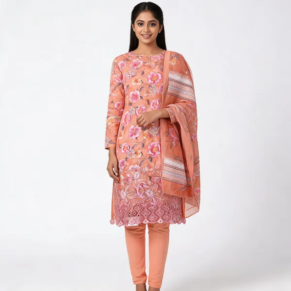 Peach_Cotton_Floral_Print_Unstitched_Kurta_Set_For_Women
