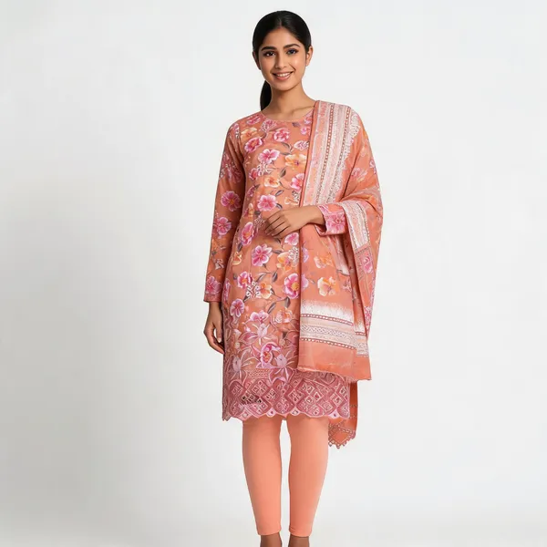 Peach_Cotton_Floral_Print_Unstitched_Kurta_Set_For_Women