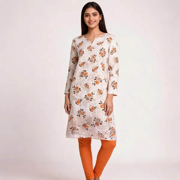 White_Cotton_Floral_Print_Unstitched_Kurta_Set_For_Women