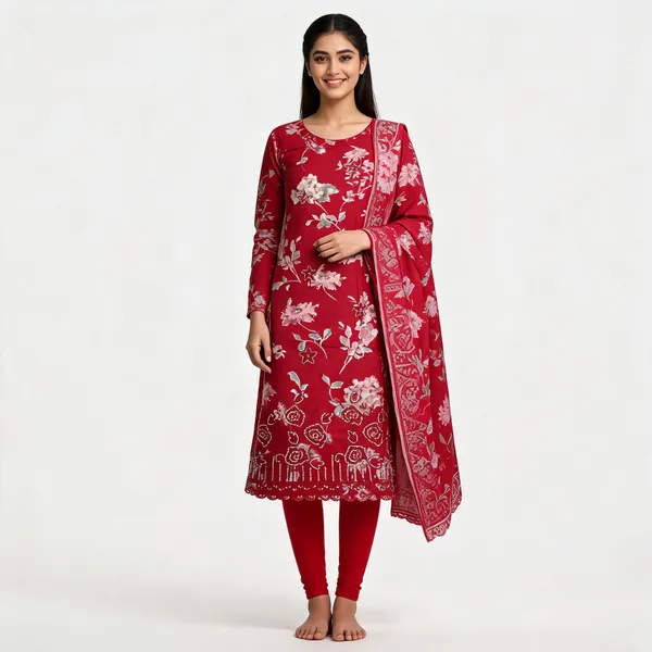 Red_Cotton_Floral_Print_Unstitched_Kurta_Set_For_Women