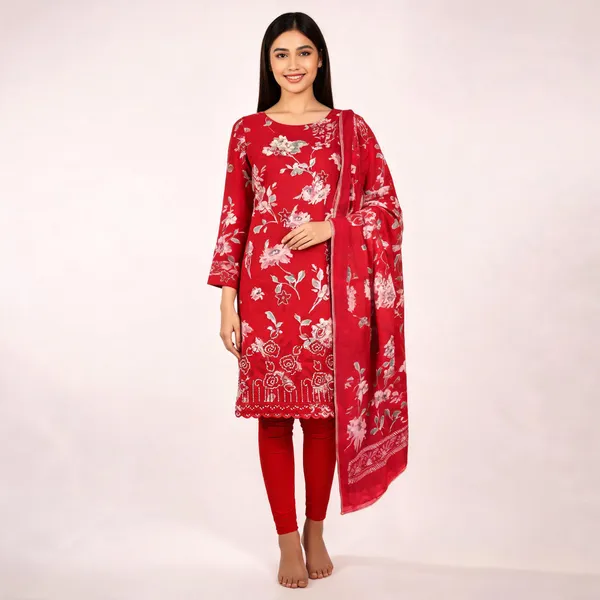 Red_Cotton_Floral_Print_Unstitched_Kurta_Set_For_Women