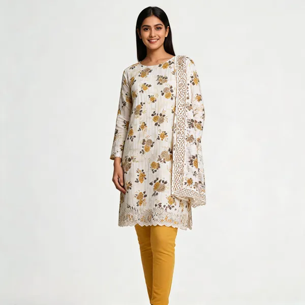 White_Cotton_Floral_Print_Unstitched_Kurta_Set_For_Women