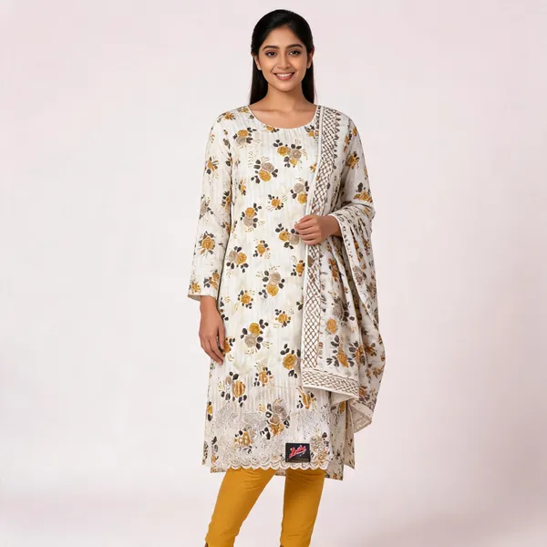 White_Cotton_Floral_Print_Unstitched_Kurta_Set_For_Women