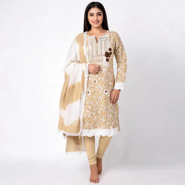Beige_Cotton_Floral_Print_Unstitched_Kurta_Set_For_Women
