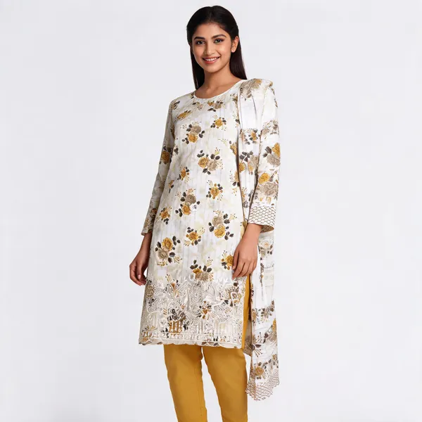 White_Cotton_Floral_Print_Unstitched_Kurta_Set_For_Women