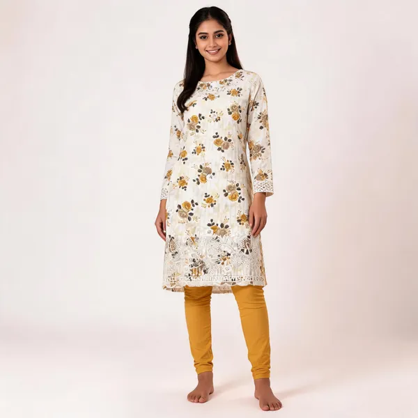 White_Cotton_Floral_Print_Unstitched_Kurta_Set_For_Women