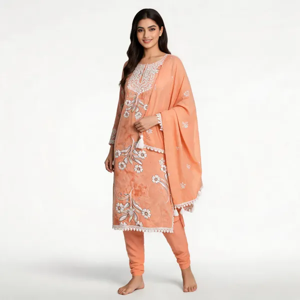 Peach_Cotton_Floral_Embroidered_Unstitched_Kurta_Set_For_Women