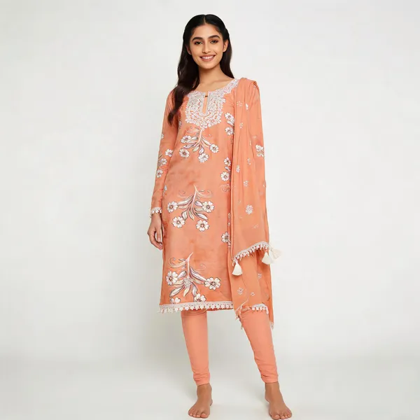 Peach_Cotton_Floral_Embroidered_Unstitched_Kurta_Set_For_Women