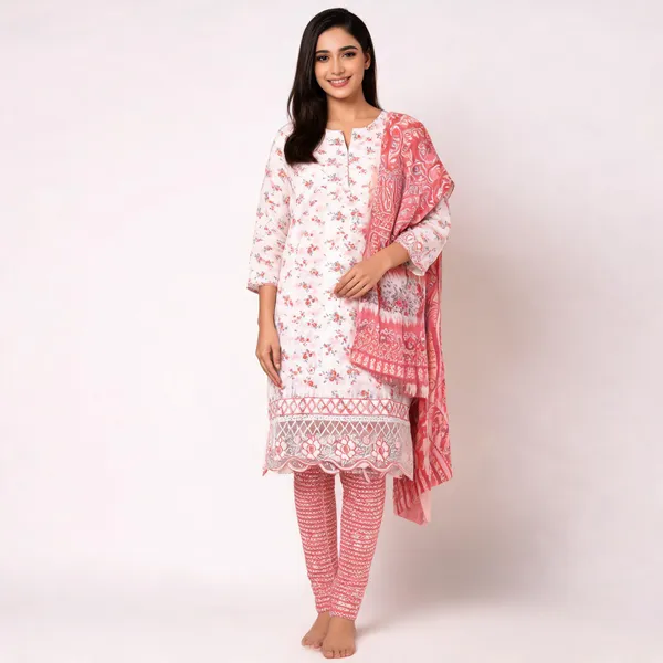 Pink_White_Cotton_Floral_Print_Unstitched_Kurta_Set_For_Women