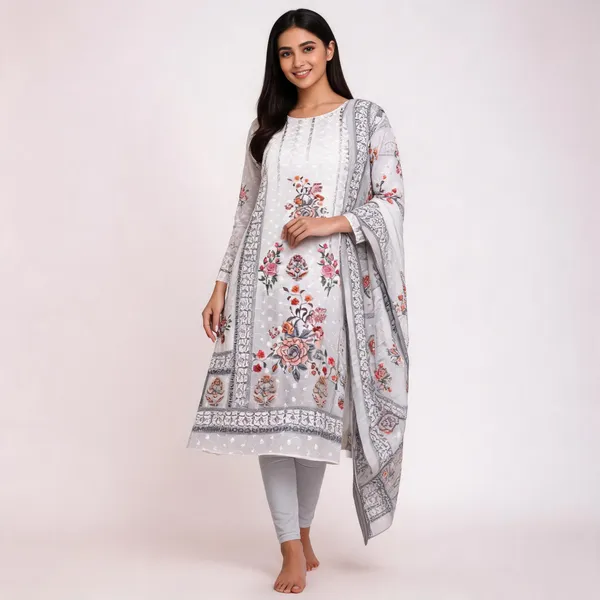 White_Mal_Cotton_Floral_Print_Unstitched_Kurta_Set_For_Women