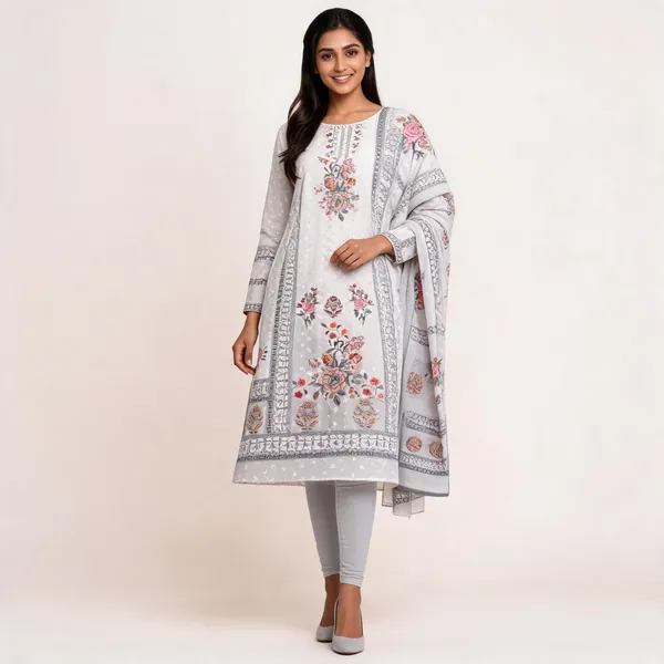 White_Mal_Cotton_Floral_Print_Unstitched_Kurta_Set_For_Women
