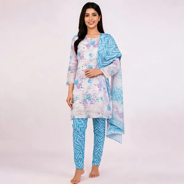 Blue_Cotton_Floral_Print_Unstitched_Kurta_Set_For_Women