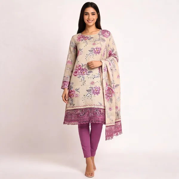 Beige_Cotton_Floral_Print_Unstitched_Kurta_Set_For_Women