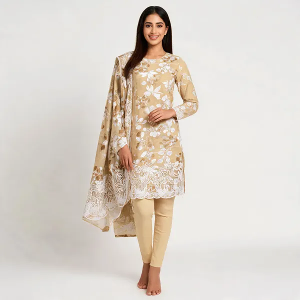 Beige_Cotton_Floral_Print_Unstitched_Kurta_Set_For_Women