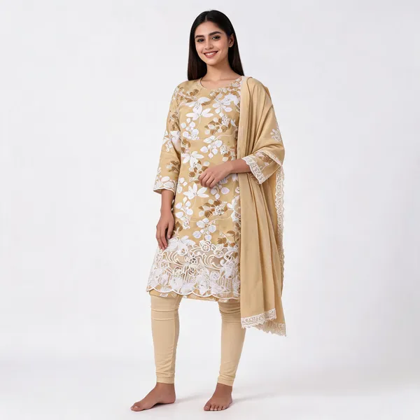 Beige_Cotton_Floral_Print_Unstitched_Kurta_Set_For_Women