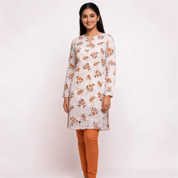 White_Peach_Cotton_Floral_Print_Unstitched_Kurta_Set_For_Women