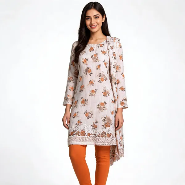 White_Peach_Cotton_Floral_Print_Unstitched_Kurta_Set_For_Women