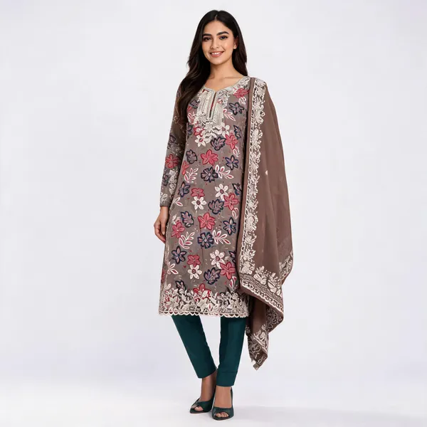 Brown_Cotton_Floral_Print_Unstitched_Kurta_Set_For_Women