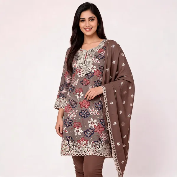 Brown_Cotton_Floral_Print_Unstitched_Kurta_Set_For_Women