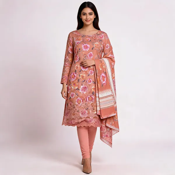 Peach_Cotton_Floral_Print_Unstitched_Kurta_Set_For_Women