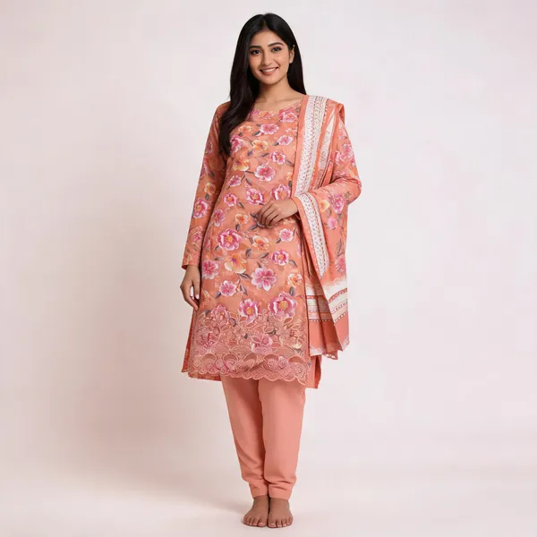 Peach_Cotton_Floral_Print_Unstitched_Kurta_Set_For_Women