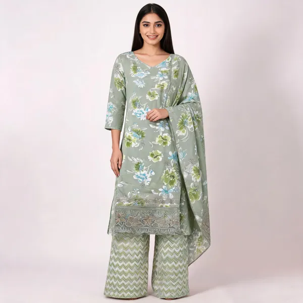 Sage_Green_Cotton_Floral_Print_Unstitched_Kurta_Set_For_Women