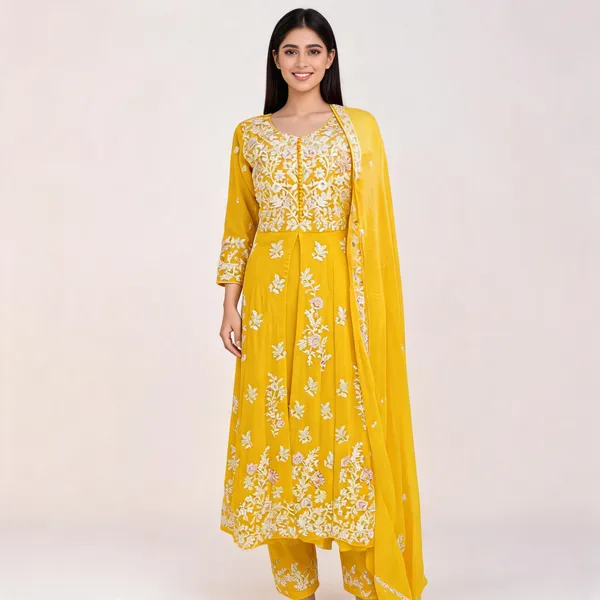 Yellow_Georgette_Embroidered_Anarkali_Top_Pant_Dupatta_Set_For_Women