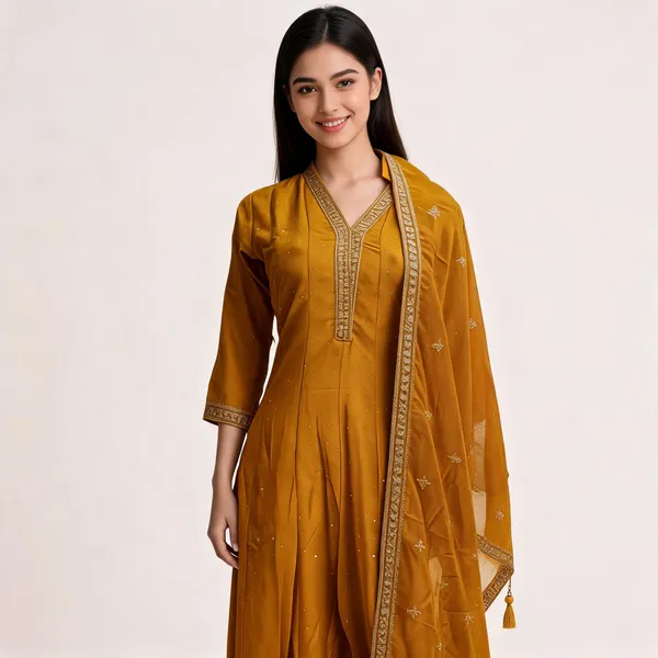 Yellow_Vichitra_V-Neck_Anarkali_Top_Pant_Dupatta_Set_For_Women