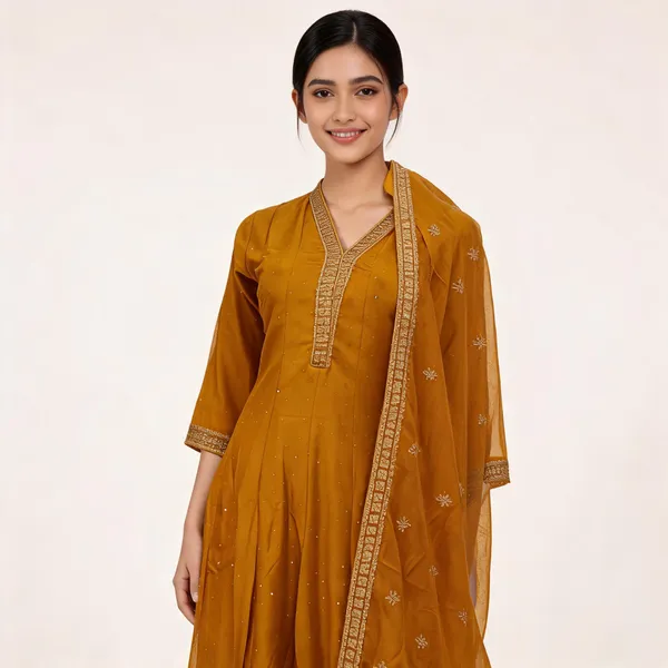 Yellow_Vichitra_V-Neck_Anarkali_Top_Pant_Dupatta_Set_For_Women