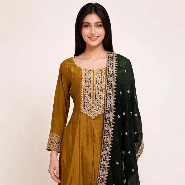 Mustard_Yellow_Vichitra_Anarkali_Top_Pant_Dupatta_Set_For_Women