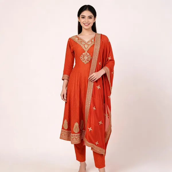 Burnt_Orange_Vichitra_Anarkali_Top_Pant_Dupatta_Set_For_Women