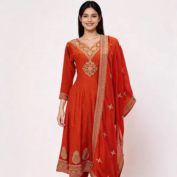 Burnt_Orange_Vichitra_Anarkali_Top_Pant_Dupatta_Set_For_Women