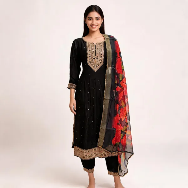 Black_Vichitra_Floral_Print_Anarkali_Top_Pant_Dupatta_Set_For_Women