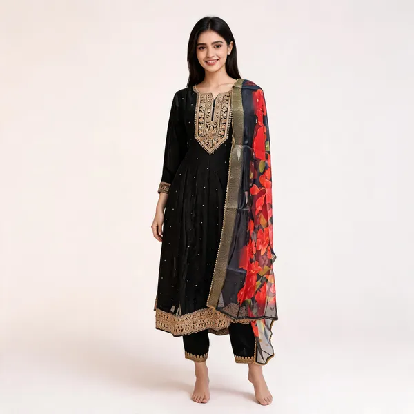 Black_Vichitra_Floral_Print_Anarkali_Top_Pant_Dupatta_Set_For_Women