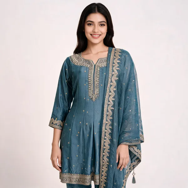 Cyan_Blue_Vichitra_Bordered_Anarkali_Top_Pant_Dupatta_Set_For_Women