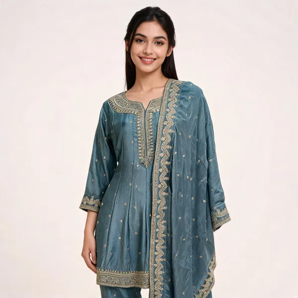 Cyan_Blue_Vichitra_Bordered_Anarkali_Top_Pant_Dupatta_Set_For_Women
