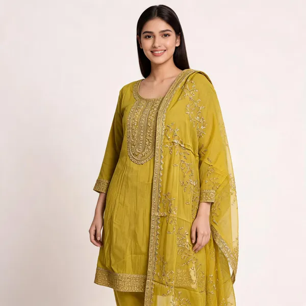 Yellow_Muslin_Bordered_Anarkali_Top_Pant_Dupatta_Set_For_Women