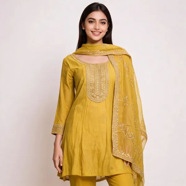 Yellow_Muslin_Bordered_Anarkali_Top_Pant_Dupatta_Set_For_Women