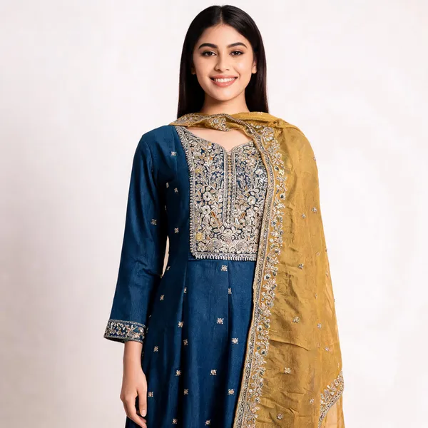 Teal_Blue_Vichitra_Anarkali_Top_Pant_Dupatta_Set_For_Women