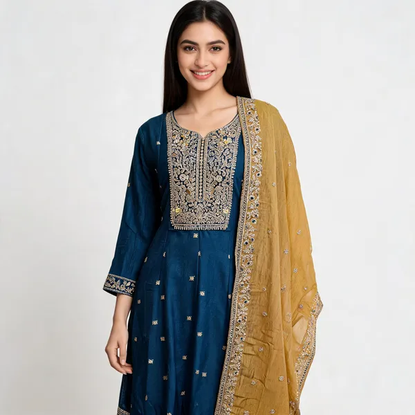 Teal_Blue_Vichitra_Anarkali_Top_Pant_Dupatta_Set_For_Women